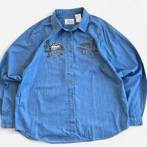 Vintage Northern Treasures Denim Button Down Shirt Embroidered Flowers & Cottage
